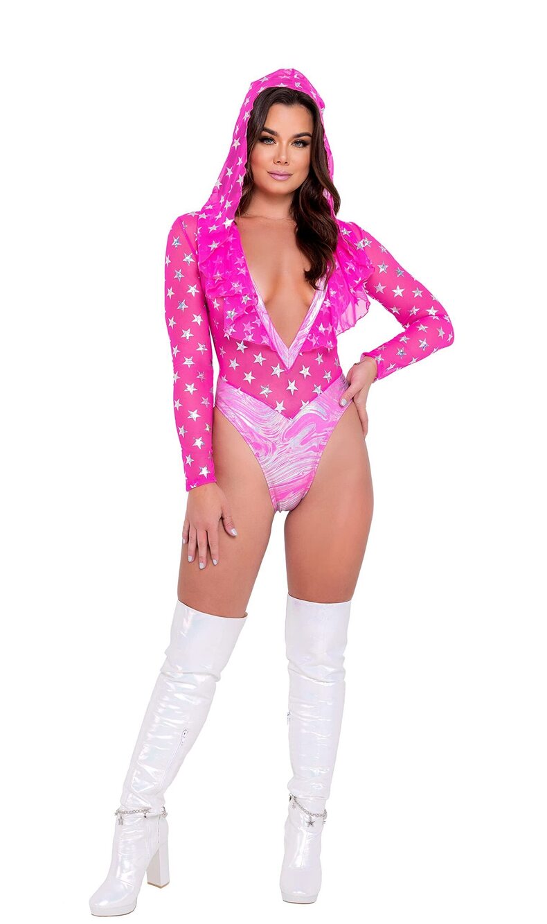 3688 Roma Standard Mesh with Stars Print Two-Tone Hooded Romper